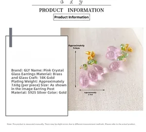 Detail view of pink crystal glass grape earrings with gold-plated brass and S925 silver needles