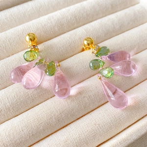 Grape Cluster Dangle Earrings Glass Beads Brass Gold Plated With 925 Sterling Silver Earring Post Pink Green Women Jewelry