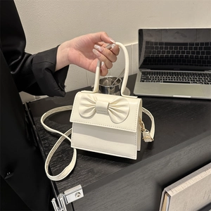 Women Mini Square Crossbody Bag PU Leather Elegant Bow Decoration Magnetic Closure Handbag Sweet Trendy