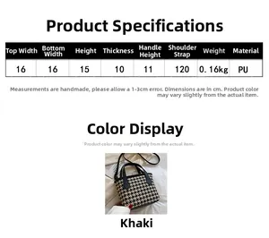 Size chart showing houndstooth bucket bag dimensions: 16x15x10cm with long strap details