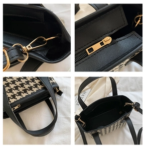Detailed views of houndstooth fabric, golden hooks, smooth zipper and interior pocket