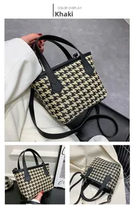 Detailed views of khaki houndstooth tote bag showing handles and adjustable strap