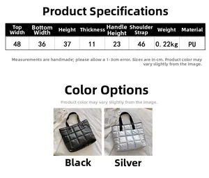 Detailed size chart and dimension specs for large quilted PU leather tote bag