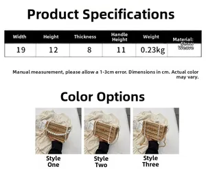 Detailed size chart for handmade woven straw bag with dimensions 19x12x8cm and pearl strap