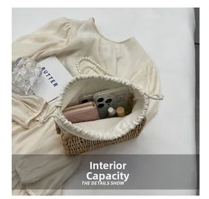 Top view of woven bucket bag showing internal capacity with drawstring liner