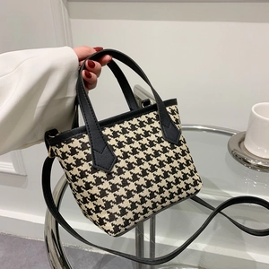 Houndstooth Pattern Shoulder Bag Woolen PU Leather Splicing Handbag With Adjustable Strap Women Commuter Vintage Tote