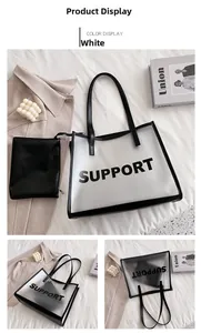 Detail of transparent PVC tote with black leather trim and Support lettering