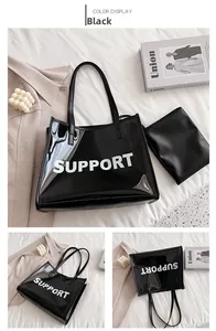 Detail of black transparent PVC tote with SUPPORT text and matching inner pouch