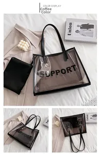 Brown PVC clear tote bag set with black leather trim and inner pouch detail