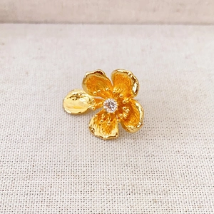 French vintage asymmetric gold floral stud earrings with cubic zirconia and 925 silver needle