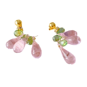 Pink and green teardrop crystal drop earrings with gold-plated spiral texture beads