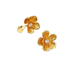 French vintage asymmetric gold flower stud earrings with central crystal detail