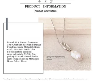 Detailed view of irregular baroque pearl pendant on 18K gold plated brass chain