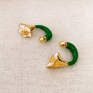Vintage Camellia Flower Enamel C-Shape Earrings With 925 Sterling Silver Earring Post Brass 18K Gold Plated Jewelry For Women