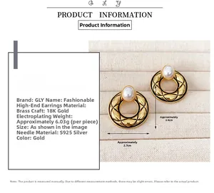 Detail of round quilted gold earrings with white pearl inlay and S925 silver needles