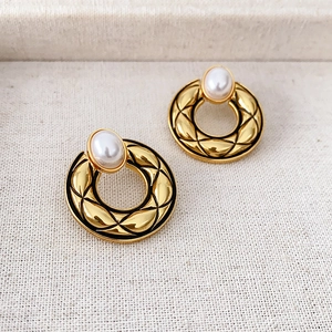Vintage Round Quilted Drop Earrings Brass With 925 Sterling Silver Earring Post Faux Artificial Pearl Elegant For Women