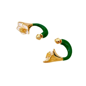 3D camellia enamel earrings in vintage French style with white petals and gold core