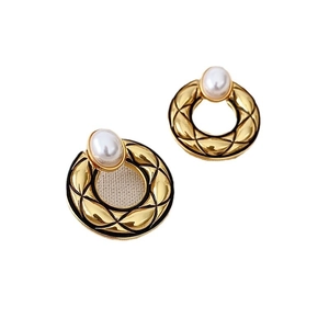 French vintage gold round quilted earrings with white pearl detail for women