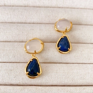 French vintage earrings with moonstone and blue lapis teardrop pendants in gold plating