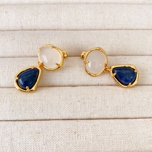 French vintage gold earrings featuring white agate and blue sodalite stone pendants