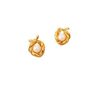 French style gold-plated bow pearl earrings with twisted rope circle design for women