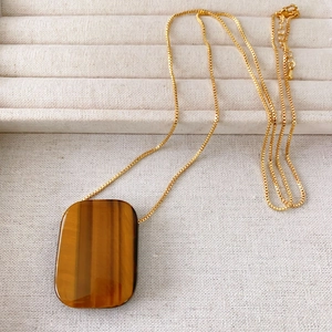 Vintage copper box chain necklace with large rectangular tiger eye stone pendant