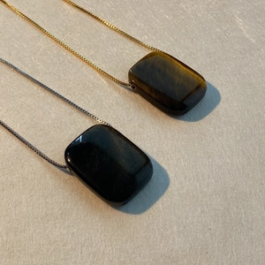 Vintage Long Sweater Chain Pendant Necklace Copper Plated With Natural Tiger Eye Or Obsidian Stone Jewelry For Women