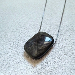 Retro tiger eye obsidian rectangular stone pendant necklace with silver box chain