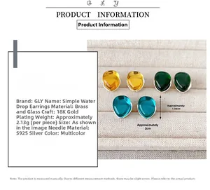 Detail view of water drop glass earrings with S925 silver pins and 18K gold plating