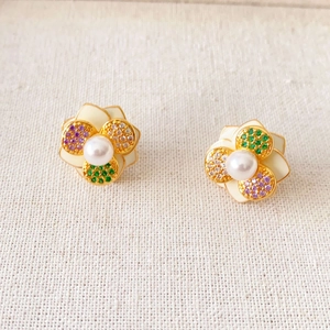 Three-layer camellia flower earrings with pearls and colorful zircon accents in gold