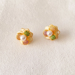 Camellia Flower Stud Earrings With Enamel Zircon And Artificial Pearl 925 Sterling Silver Earring Post Elegant French Retro Jewelry