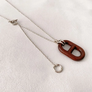 Anchor Link Pendant Necklace Brass Chain With Wood Charm Toggle Clasp Long Sweater Chain Vintage Retro For Women
