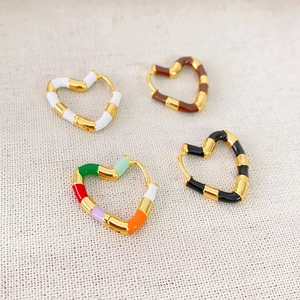 Orecchini a Cerchio in Ottone Placcato Oro 18K Smalto Bambù Vintage Cuore Quadrifoglio Orecchini a Bottone per Donna Gioielli