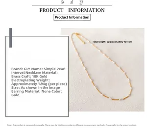 Detail view of 18K gold plated brass necklace with pearls and product specifications