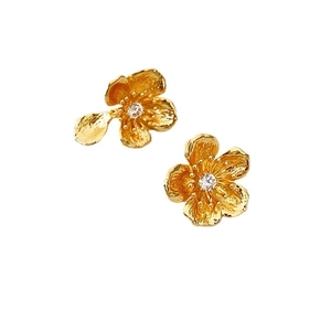 Vintage golden asymmetrical flower stud earrings with diamonds and textured petals