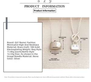 Detail showing 45cm brass necklace with 18K gold plated bag and bottle pendants