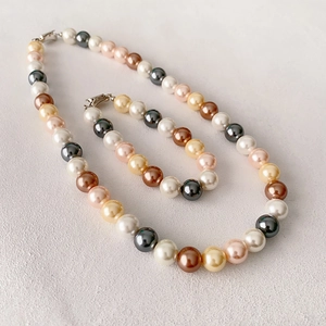 French vintage handmade pearl necklace and bracelet set with multi-color beads