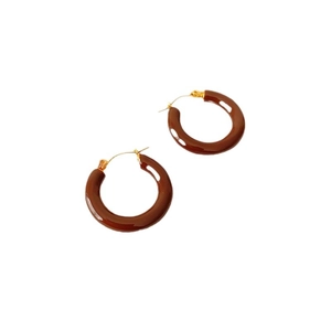 Chic dark coffee enamel C-shaped hoop earrings with premium gold plated metal finish