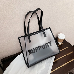 Translucent frosted PVC tote bag with black leather straps and SUPPORT lettering