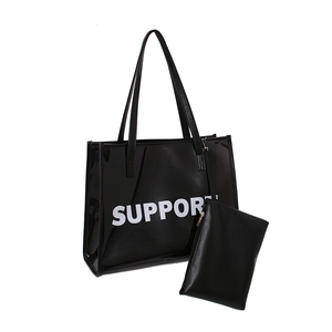 Black translucent PVC tote bag set with white SUPPORT print and matching inner pouch