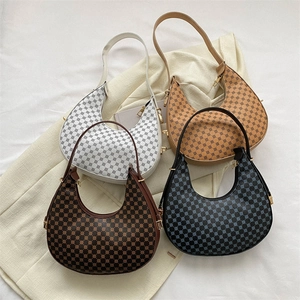 Vintage Französischer Stil Damen Halbmond Hobo Unterarmtasche PU Leder Geometrischer Monogramm Druck Kleine Lässige Pendler Tasche