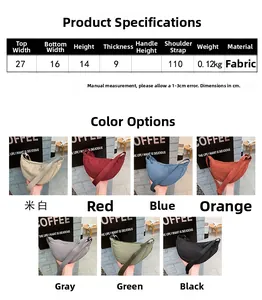 Detailed size chart and multi-color selection of the lightweight nylon crescent bag
