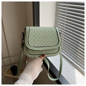 Detail shot of mint green woven texture and metallic buckles on this stylish saddle bag