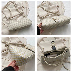 Détails du sac sous l'aisselle à carreaux vintage avec bandoulière à nœud et poche zippée