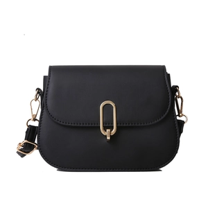 Classic black leather crossbody flap bag with a central oval gold buckle closure