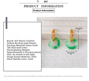 Detail of vintage hollowed brass earrings with green jade pendant and S925 silver needle