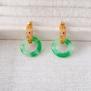 New Chinese Style Hollow Round Ring Earrings Copper Gold Plated With 925 Sterling Silver Earring Post Green Stone Vintage