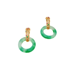 New Chinese-style jadeite hoop earrings with ornate gold-plated floral hollow hooks