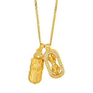 Collier avec pendentif rotatif Pi Xiu et Vajra de style vintage français doré avec pierres