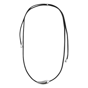 Minimalist adjustable drop pendant necklace with polished silver water drop and black cord